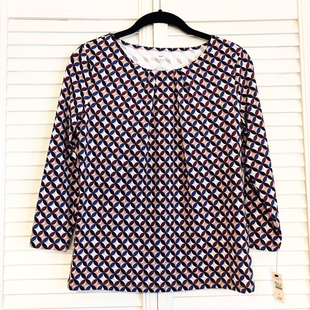 NWT Talbots Geometric 3/4 Sleeve Stretchy Blouse Top Shirt Size P XS